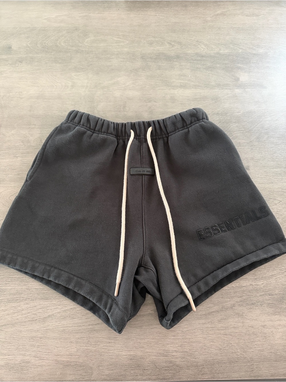 Fear of God ESSENTIALS Black Sweat Shorts with Cream Drawstrings